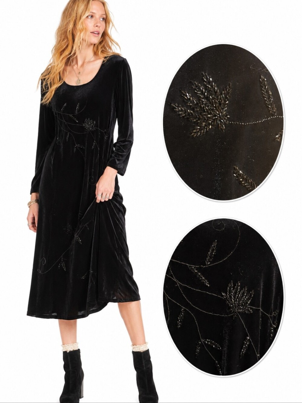 Black Velvet Beaded Midi Dress Whimsigoth Witchy Dark Fairy Long Sleeve Sz 10